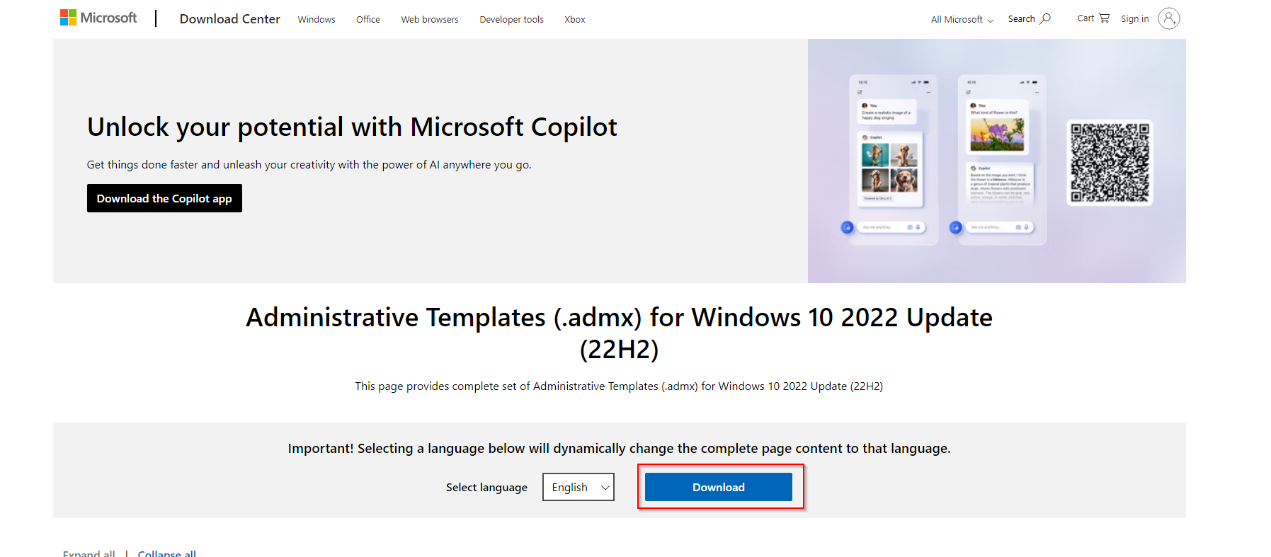 Microsoft download page for Windows ADMX templates